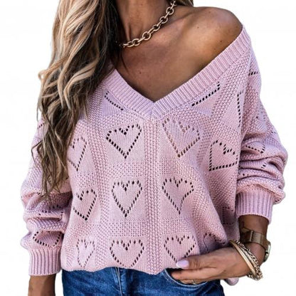 Women Autumn Winter Love Heart Hollow Crochet Sweater Loose V Neck Long Sleeve Casual Knitwear Jumper Rose Red/Pink/Khaki/White