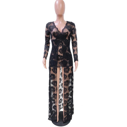 Adogirl Embroidery Floral Lace Dress Women Sexy See Through Long Sleeve Bodycon Women Dress Vintage Club Wear Party Dress Robe