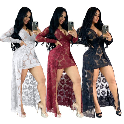 Adogirl Embroidery Floral Lace Dress Women Sexy See Through Long Sleeve Bodycon Women Dress Vintage Club Wear Party Dress Robe