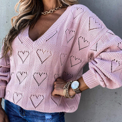 Women Autumn Winter Love Heart Hollow Crochet Sweater Loose V Neck Long Sleeve Casual Knitwear Jumper Rose Red/Pink/Khaki/White