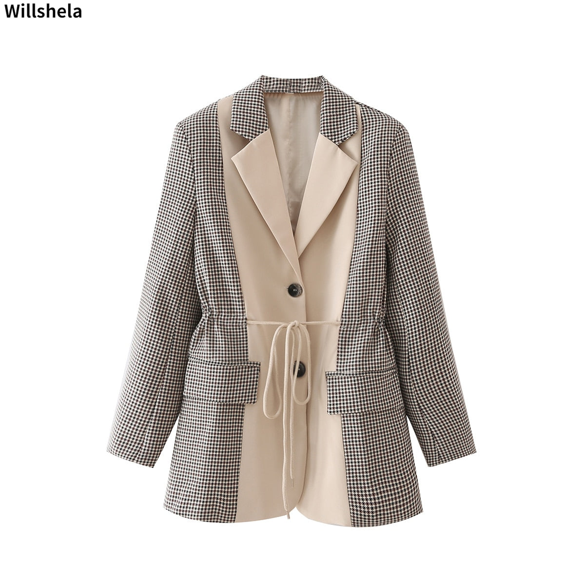 Willshela Women Fashion With Pockets Single Breasted Patchwork Blazer Notched Neck Long Sleeve Vintage Female Coats Chic Tops