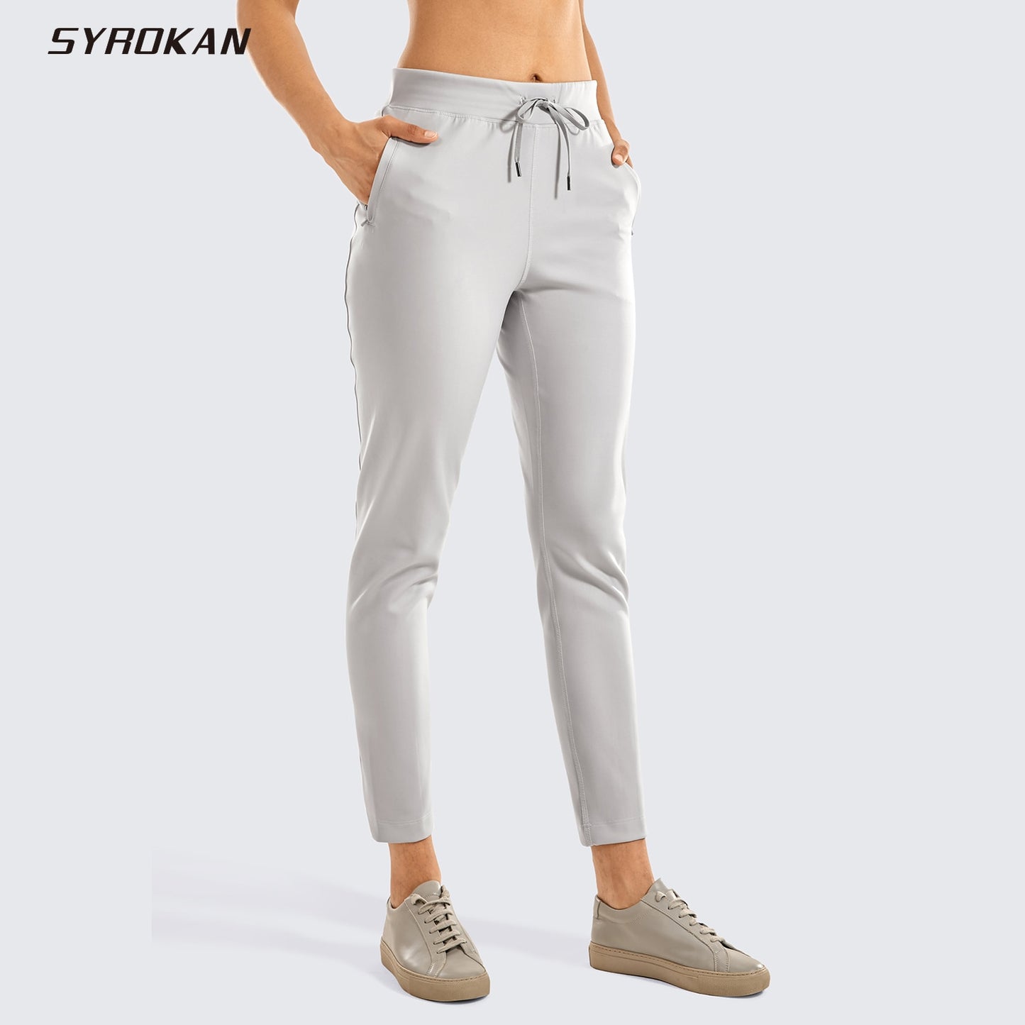 SYROKAN Women&#39;s Stretch Casual Pants Drawstring Jogger Travel Lounge Sweatpants with Zipper Pockets-28 inches
