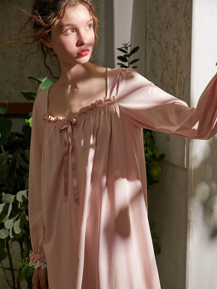 Vintage Cotton Women&#39;s Long Nightgowns Long Sleeve Elegant Autumn Spring Female Princess Sexy Loose Nightshirts