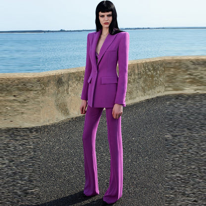HIGH QUALITY Newest 2022 Runway Designer Suit Set Women&#39;s Single Button Blazer Flare Pants Suit Fluorescent Purple