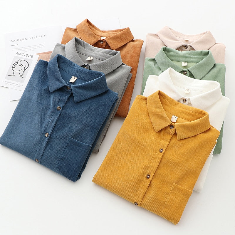 EYM Brand Solid Color Women&#39;s Corduroy Shirt 2022 Spring New Women Long Sleeve Blouse Casual Large Size Loose Blouses Lady Tops
