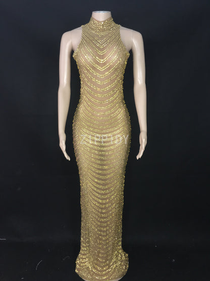 Full Gold Rhinestones Transparent Mesh Long Dress Women Birthday Celebrate Dress High Neck Outfit Bar Dance Show Dress