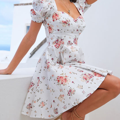 Women Vintage Flower Printed Backless A-line Party Dress Puff Sleeve Square Collar White Boho Dress 2021 Summer Fashion Dress