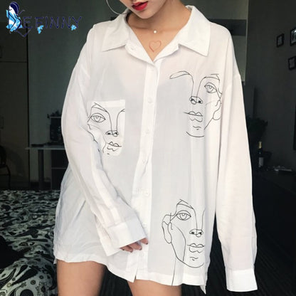 2021 New Summer Blouse Shirt Female Cotton Face Printing Full Sleeve Long Shirts Women Tops Ladies Clothing
