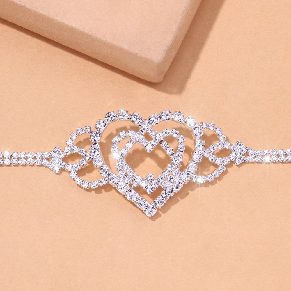 Stonefans Fashion Double Heart Anklet Rhinestone Chain Jewelry for Women Bling Love Foot Chain Anklet Bracelet Crystal Jewellery