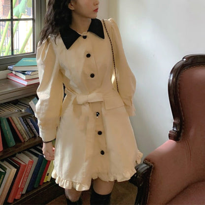 Vintage Elegant Dress Women Autumn Patchwork Button Sweet Mini Dress Office Lady Casual kawaii Korean One-piece Dress Women 2020