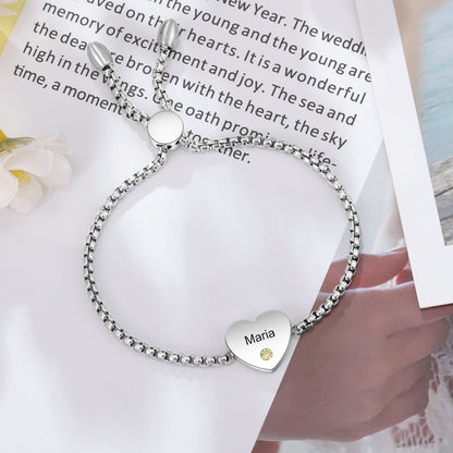 Personalized Engraved Name Heart Bracelet with Birthstone Stainless Steel Adjustable Chain Bracelets for Women Custom Jewelry
