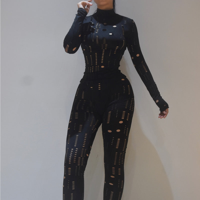 Women Autumn  Biker Style Two Piece Set Hollow Out Long Sleeve Turtleneck Top+Solid Sheath Stretchy Waist Female Pants
