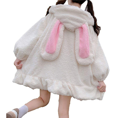 Rabbit Ears Hoodies Women Zip-up Sweatshirts Coat Long Lantern Sleeve Hooded Lolita Cute Sweet Girls Harajuku Warm Baggy Outfits