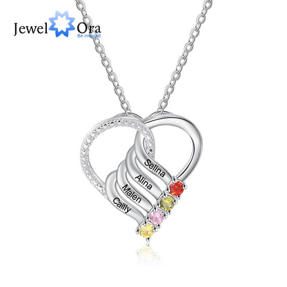 JewelOra Personalized Family Heart Pendant Necklace with 2-6 Birthstones Customized Engraving Name Mother Necklace New Year Gift