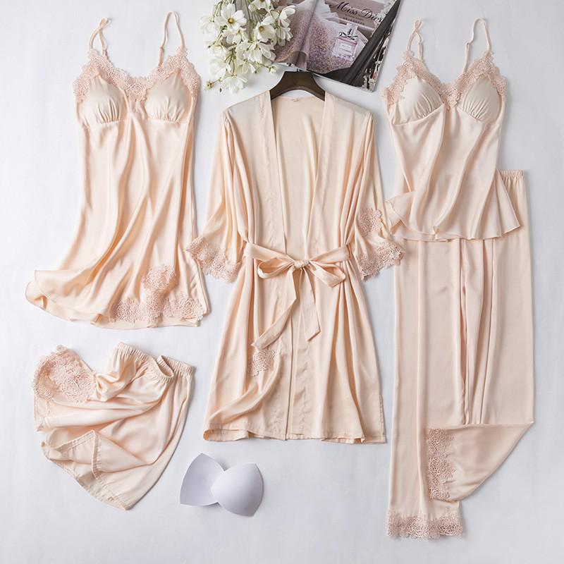 Satin Lady Robes Suit Sexy Kimono Bathrobe Gown Full Slip Lace Nightwear With Strap Nightgown Lingerie Summer Sleepwear With Bow