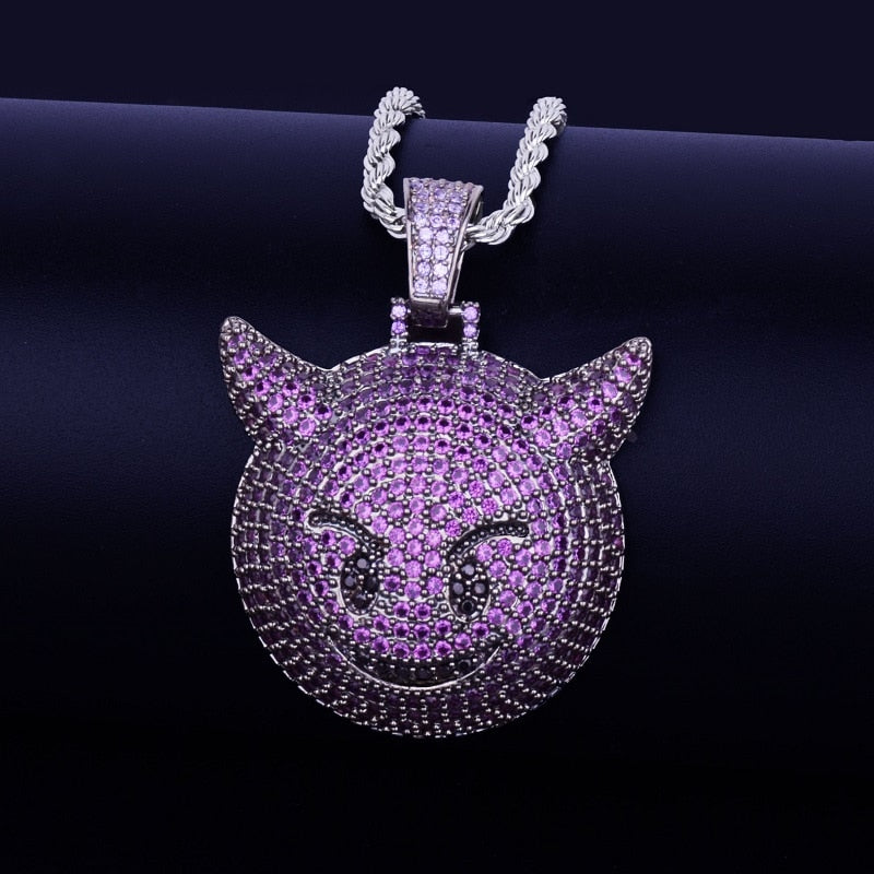 Purple Color Demon Evil Expression Necklace &amp; Pendant Bling Zircon Fashion Hip Hop Rock Street Jewelry