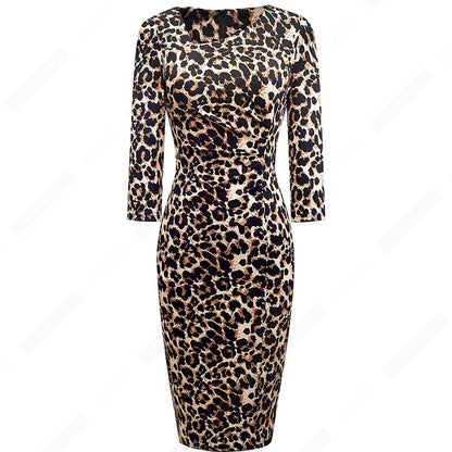 Vintage Women Elegant Leopard Chic Formal Business Bodycon Morden Pencil Dress EB565