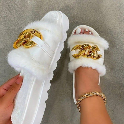 2021 Winter Plush Slippers Fashion Open Toe Solid Color Women's Sandals Metal Chain Outdoor Casual Women's Shoes  Fashion Shoes