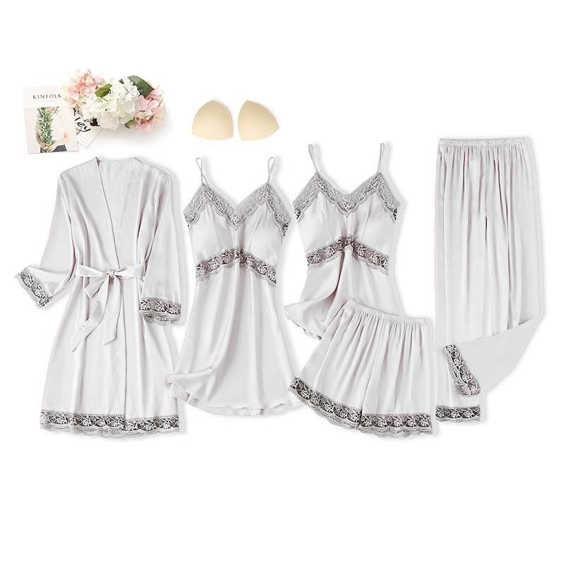 Black Sexy Women Robe Set Faux Silk Kimono Bathrobe Gown 5PCS Sleepwear Suit Hollow Out Lace Nightgown Home Wear Wedding Gift