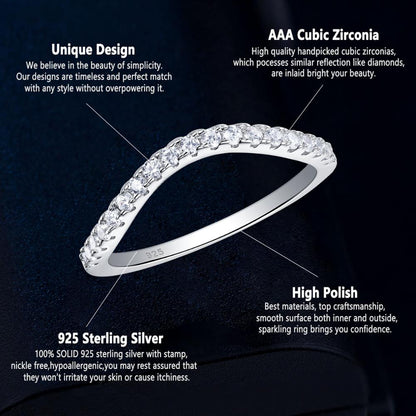 Newshe 925 Sterling Silver Stackable Wedding Ring Engagement Band For Women Curve Wave Design Zircon Jewelry