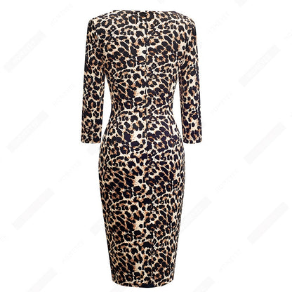 Vintage Women Elegant Leopard Chic Formal Business Bodycon Morden Pencil Dress EB565