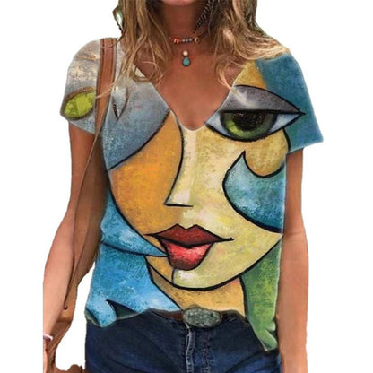 V Neck Tshirt Women&#39;s Summer Casual Oversize Print Shirt Tops Loose Vintage Female Tee Streetwear Y2K Short Sleeve Clothes S-5XL