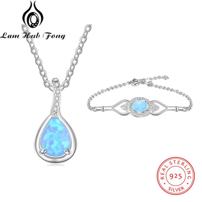 925 Sterling Silver Jewelry Sets for Women Cubic Zirconia Blue Opal Bracelet Earrings Chain Necklace Jewelry Sets (Lam Hub Fong)
