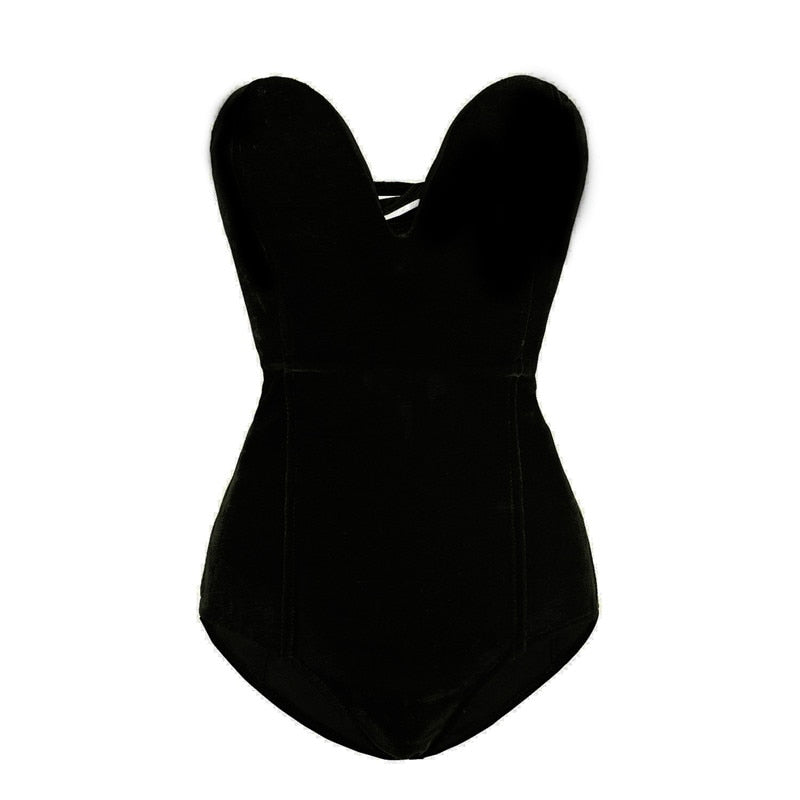 Casual Woman Sleeveless Strapless Velvet Bodysuit Sesy Backless V Neck Bodycon Jumpsuit Fashion Body Tops Clothes Women Suit