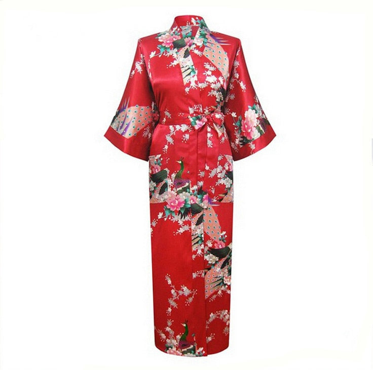 Print Chinese Women Silk Rayon Robes Long Sexy Nightgown Yukata Kimono Bath Gown Sleepwear Plus Size Bathrobes Intimate Lingerie