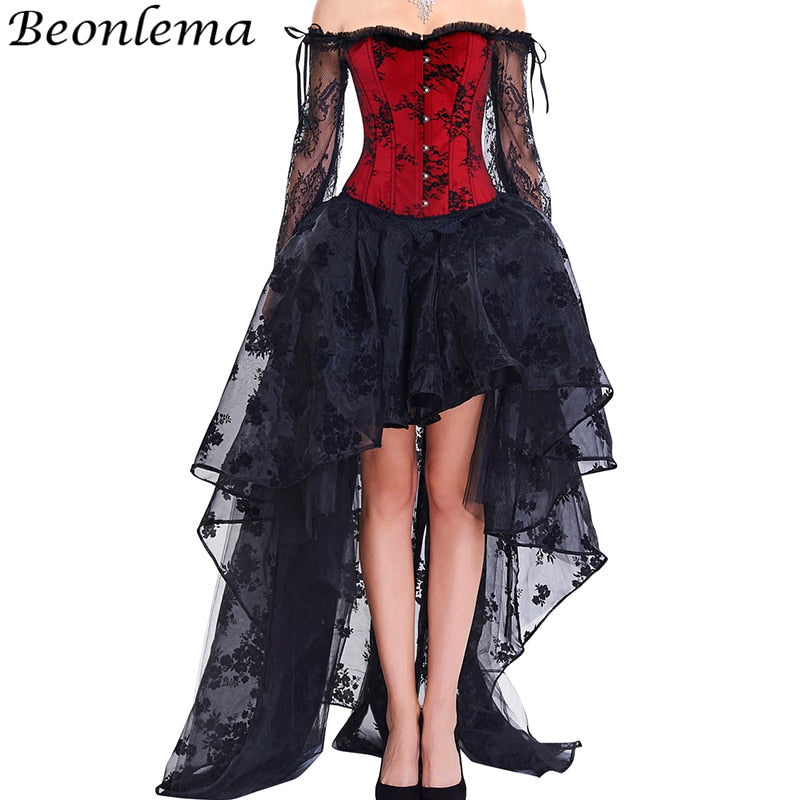 BEONLEMA Long Sleeve Lace Korset Sexy Black Gothic Dress Hot Red Bustier Set Steampunk Corset Clothing Women Plus Size Corset