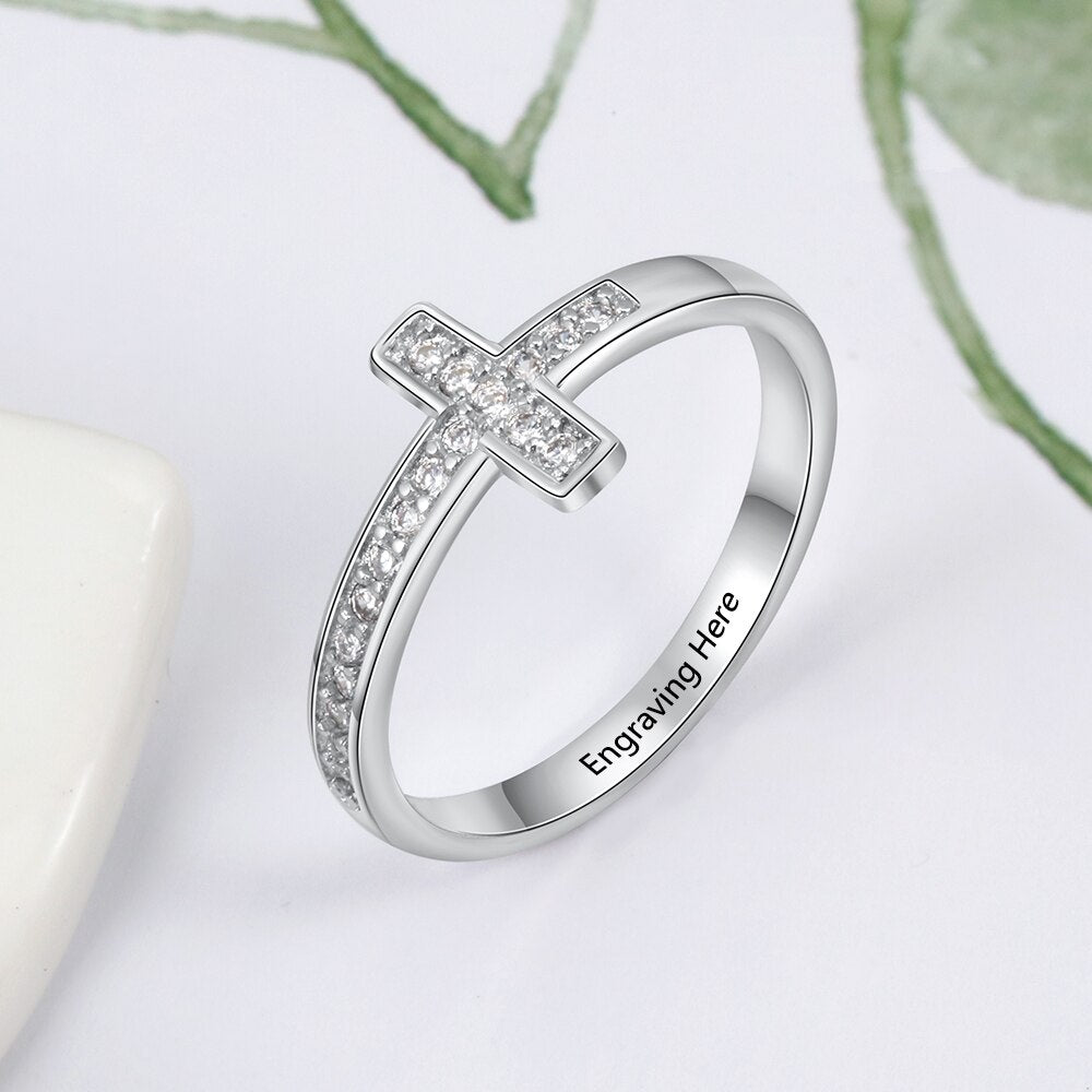 Personalized Cubic Zirconia Cross Rings for Women Customized Inner Engraved Name Ring Jewelry Gift for Girls (JewelOra RI103801)