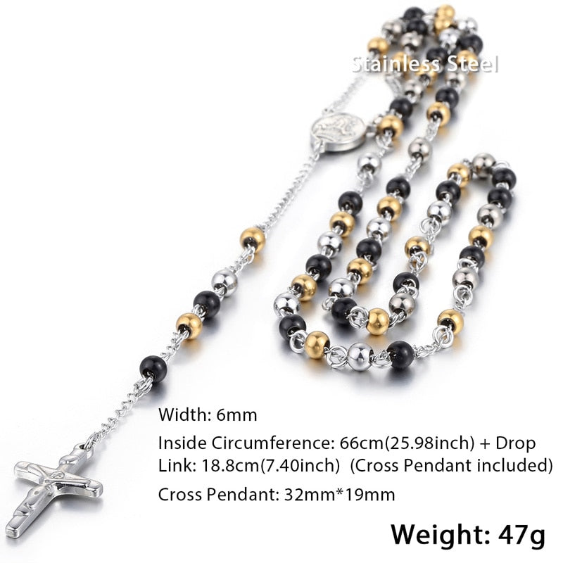 Davieslee Womens Men's Necklace Stainless Steel Chain Bead Rosary Long Necklace Jesus Christ Cross Prayer Jewelry DLKN434