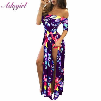 Women Floral Print Hobo Beach Long Dress Summer Elegant Off Shoulder Half Sleeve High Slit Party Dresses Outfit Beach Vestidos