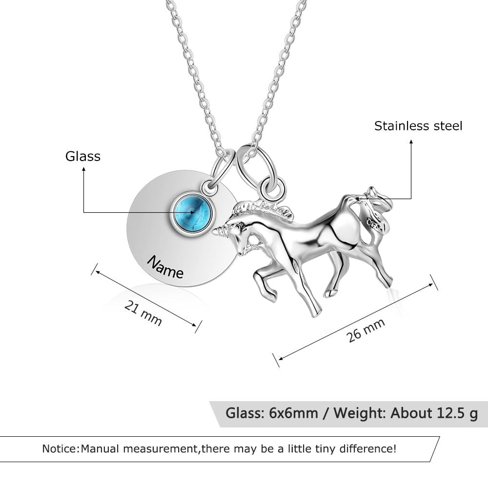 Customized Birthstone Round Metal &amp; Horse Pendant Necklace Personalized Engraved Custom Name Jewelry Gift (JewelOra NE103215)