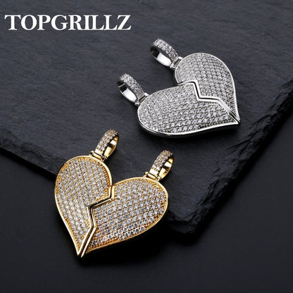 Solid Back Heart Broken With Magnet Iced Out Pendant Necklace Mens/Women CZ Chains Hip Hop Gold Silver Color Charms Jewelry Gift