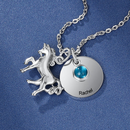Customized Birthstone Round Metal &amp; Horse Pendant Necklace Personalized Engraved Custom Name Jewelry Gift (JewelOra NE103215)