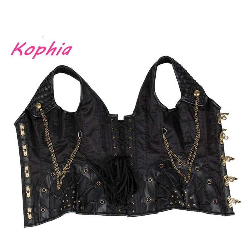 High Quality 12 Steel Bone Rivet Chain Gothic Steampunk Corset Woman&#39;s Vest Top Waist Control Leather Sexy Corsets and Bustiers
