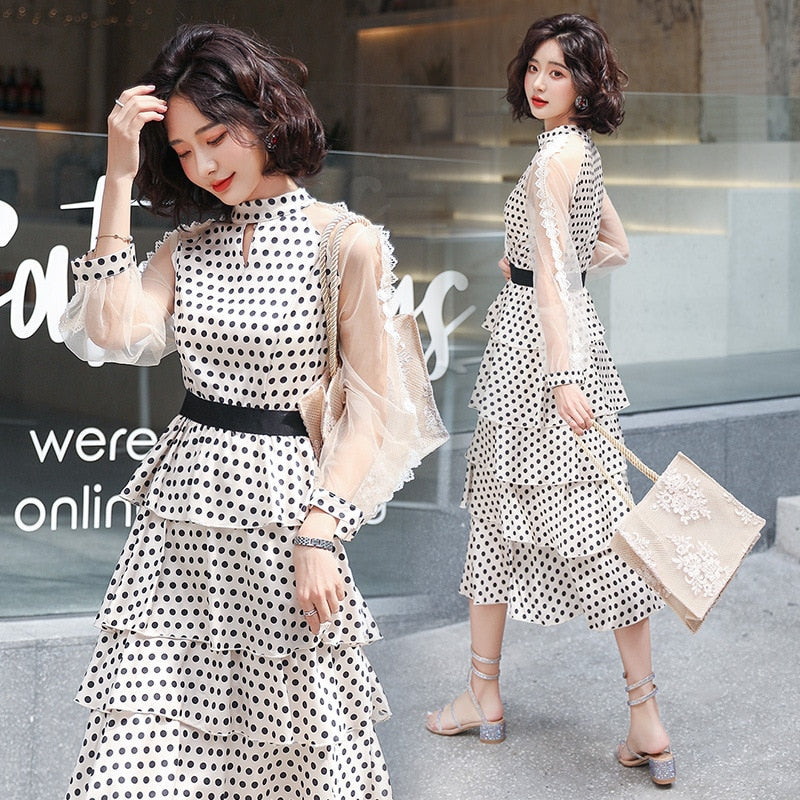 Fashion new chiffon dress transparent long-sleeved polka dot dress ladies elegant temperament long dress