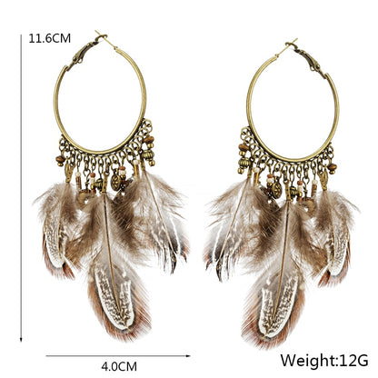 Boho Exaggerate Brown Feather Tassel Pendant Earrings For Women Bohemian  Metal Round Circle Wood Metal Chain Earring Jewelry