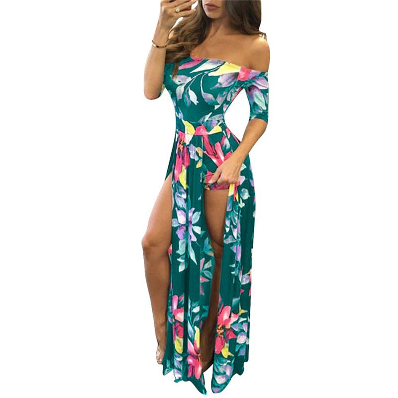 Women Floral Print Hobo Beach Long Dress Summer Elegant Off Shoulder Half Sleeve High Slit Party Dresses Outfit Beach Vestidos