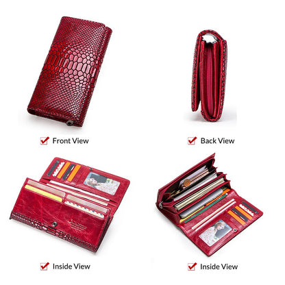 Contact&#39;s Genuine Leather Wallet Women Long Clutch Bag Hasp Female Coin Purse RFID Card Holder Wallets for Women Portfel Damski