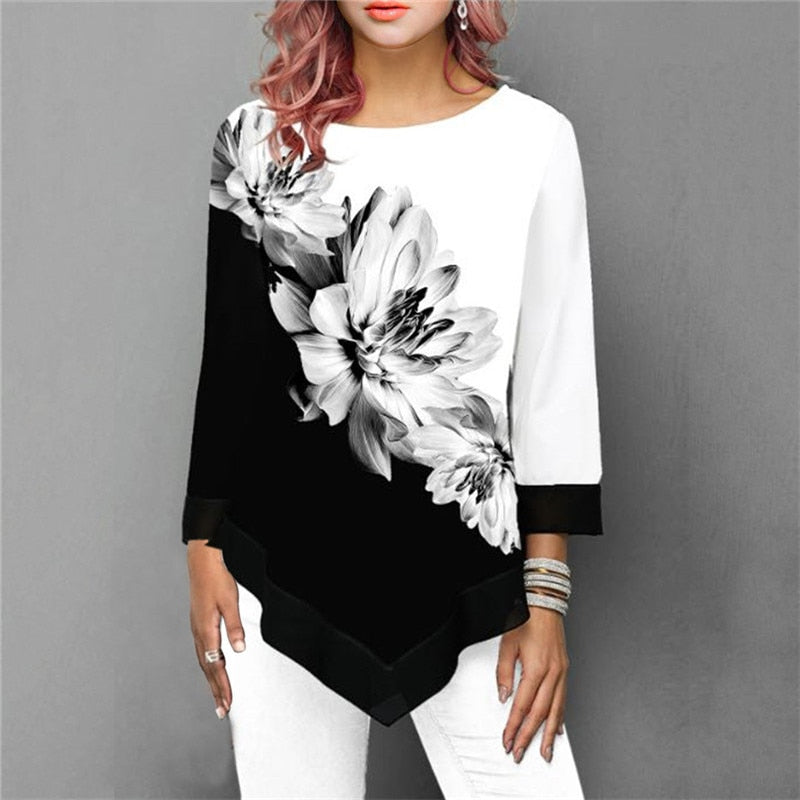 New Spring Oversized Women T Shirt Casual Irregular O-Neck Lace Splice Floral Printing Tee Shirt Women&#39;s Tops Pullovers Clothing