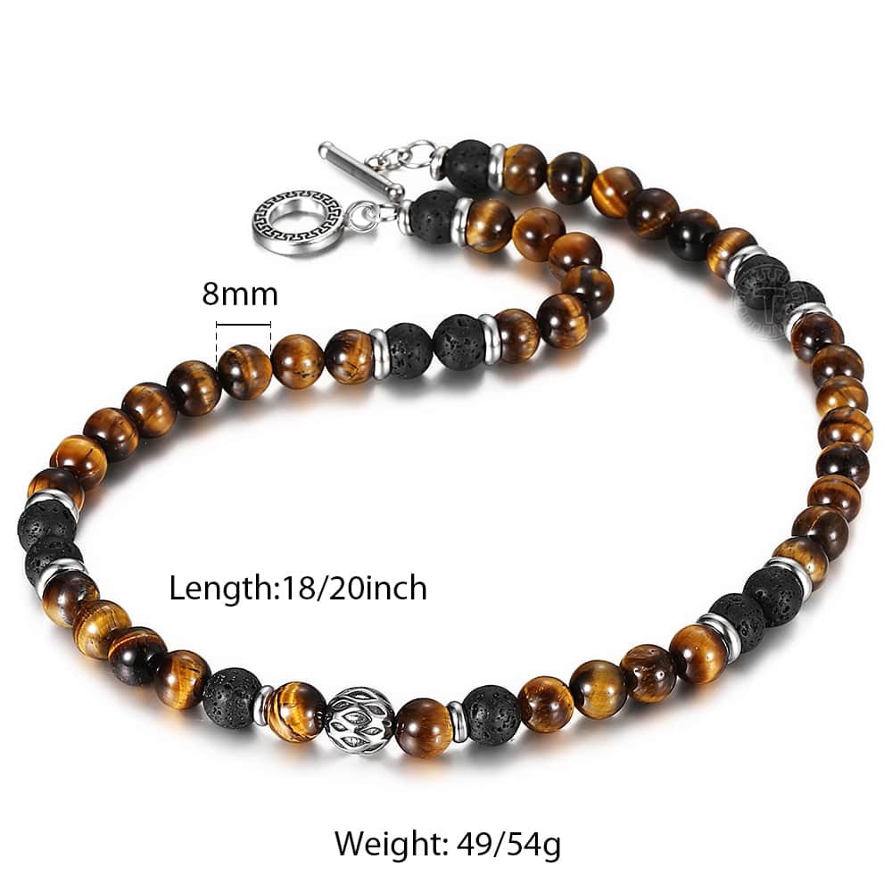 8mm Natural Stone Tiger Eyes Lava Bead Necklace Stainless Steel Beaded Charm Choker Neck Chain Fashion Male Jewelry 18/20inch