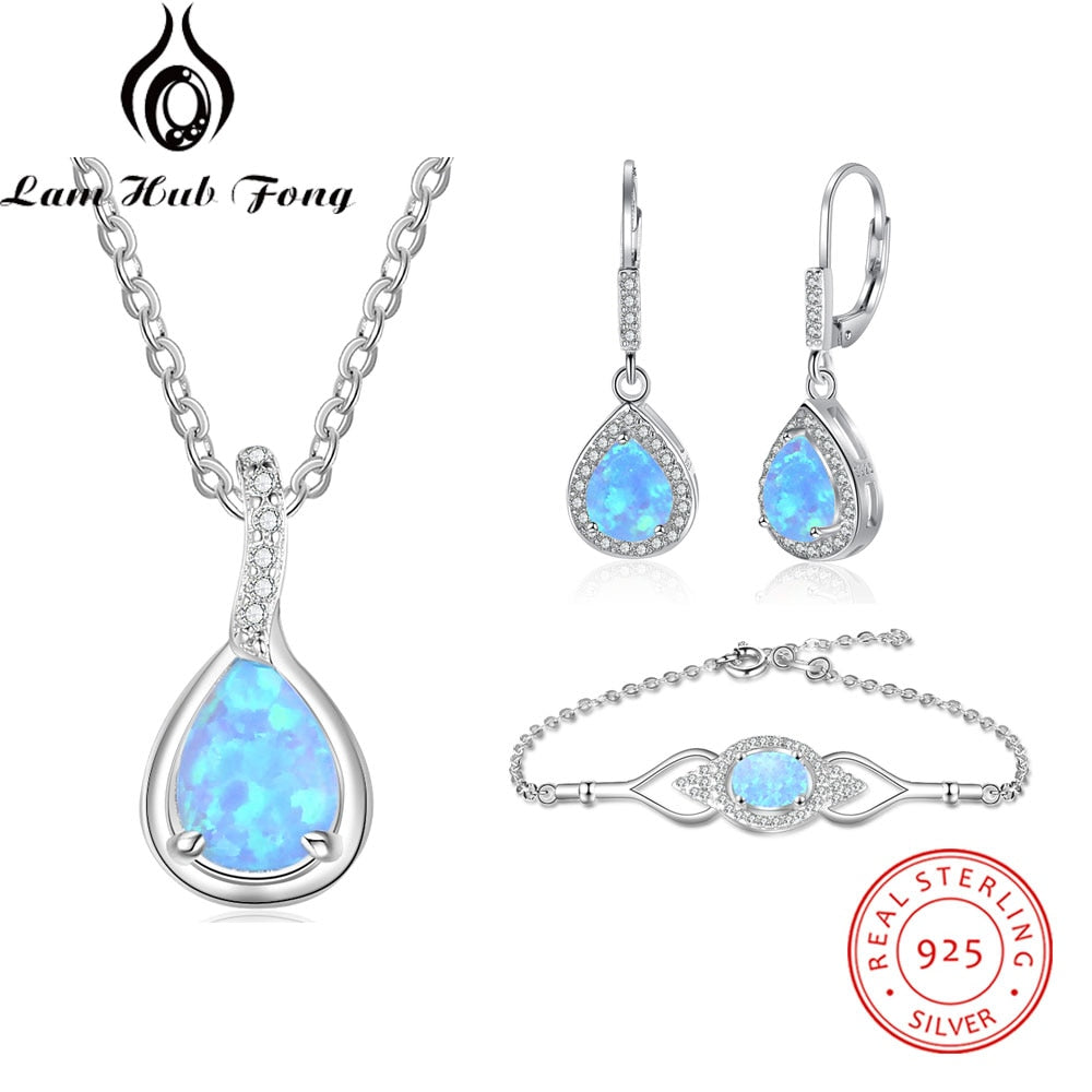 925 Sterling Silver Jewelry Sets for Women Cubic Zirconia Blue Opal Bracelet Earrings Chain Necklace Jewelry Sets (Lam Hub Fong)