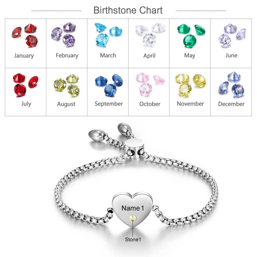 Personalized Engraved Name Heart Bracelet with Birthstone Stainless Steel Adjustable Chain Bracelets for Women Custom Jewelry
