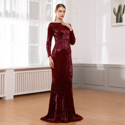 O Neck Full Sleeved Maxi Dress Stretch Sequined Floor Length Evening Party Dress