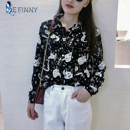 Women Shirt Cat Pattern Printed Personality Tops and Blouses Fashion Office Lady Long Sleeve Clothes White Black