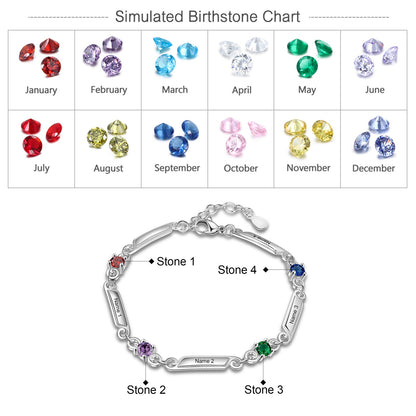 Elegant Personalized Bracelets with 4 Birthstones Customized Family Names Engraved Bracelets &amp; Bangles Trendy Jewelry Gift