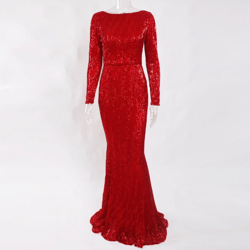 O Neck Full Sleeved Maxi Dress Stretch Sequined Floor Length Evening Party Dress