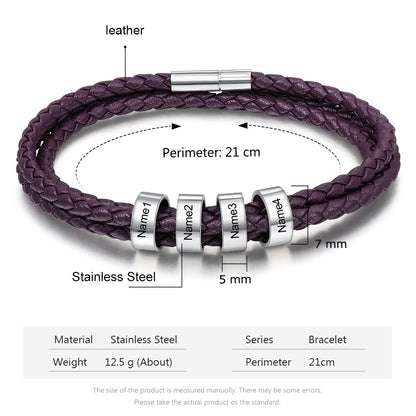 Personalized Engraving Name Bracelet with 4 Beads Custom Multicolored Leather Bracelets for Men Women Stainless Steel Jewelry